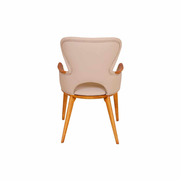 Back view of Elmora custom solid wood dining chair – showcasing smooth craftsmanship, ergonomic design, and elegant wood finish.