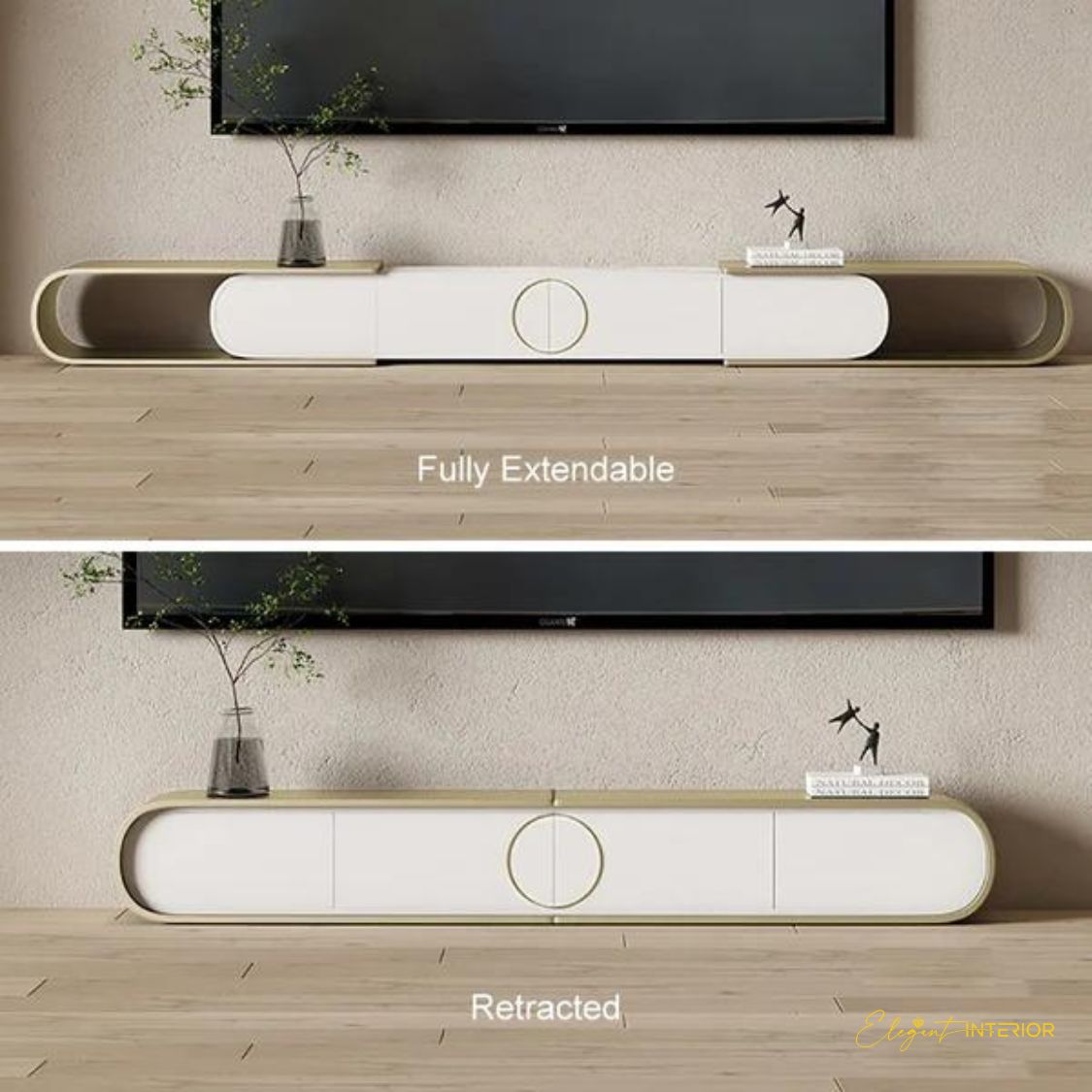 Elomina extendable TV unit showing full extension and retracted positions in elegant interior