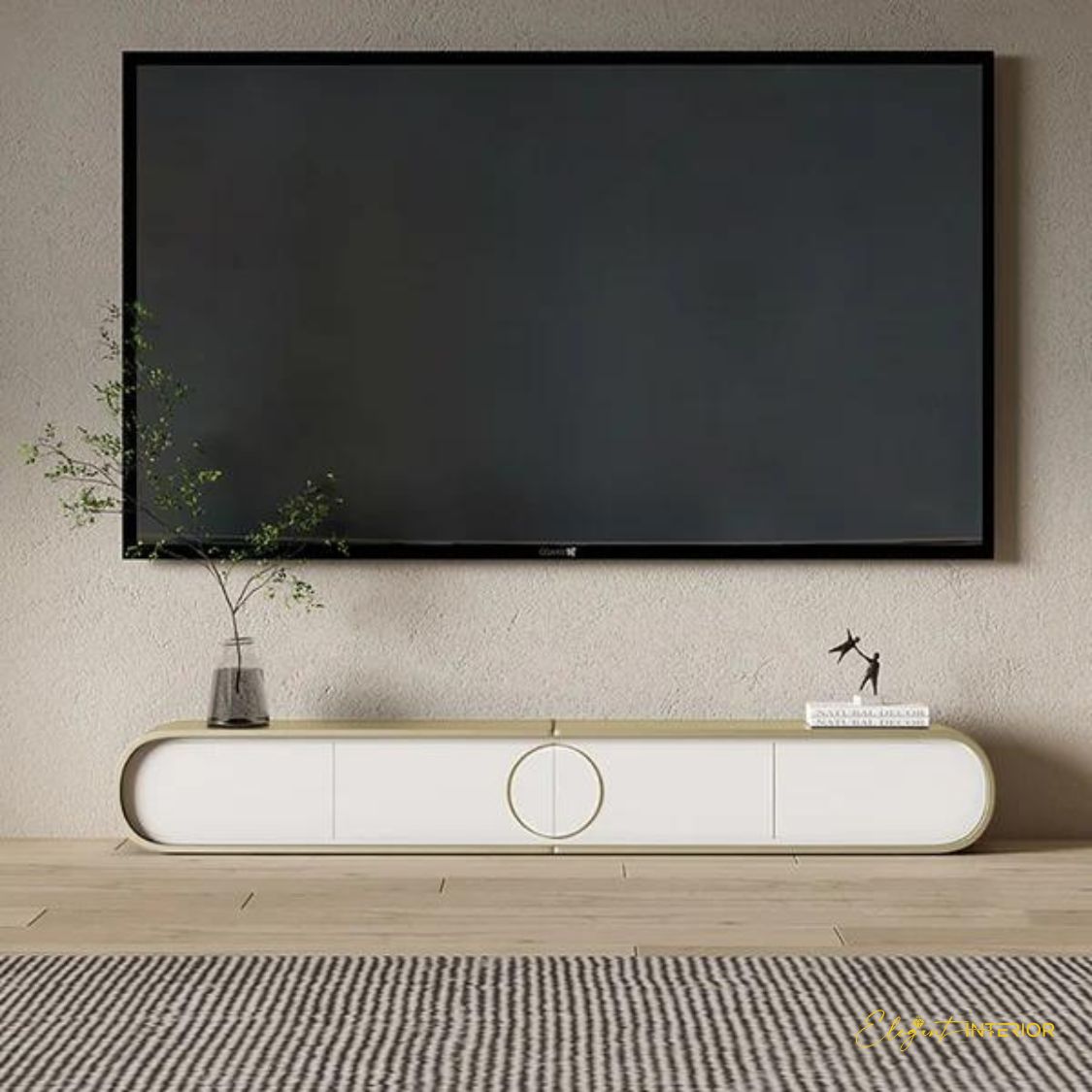 Front view of Elomina extendable TV unit retracted, showing compact design in elegant interior