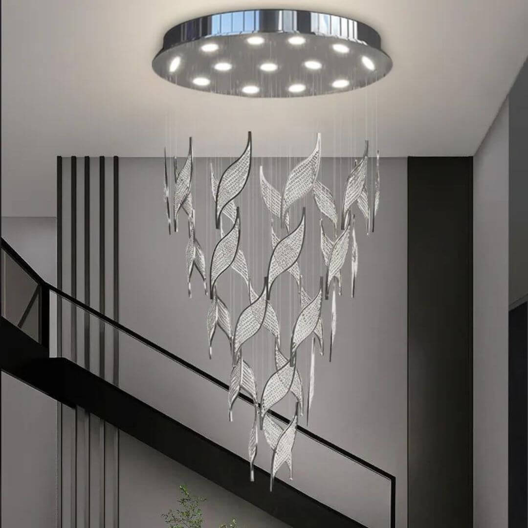 Emanate Glass Chandelier Light Hanging Beside Living Room Staircase – Stylish Modern Lighting