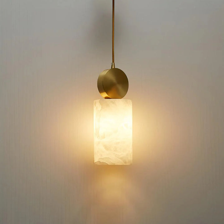 Etruscan alabaster pendant light on marble, elegant hanging view interior lighting