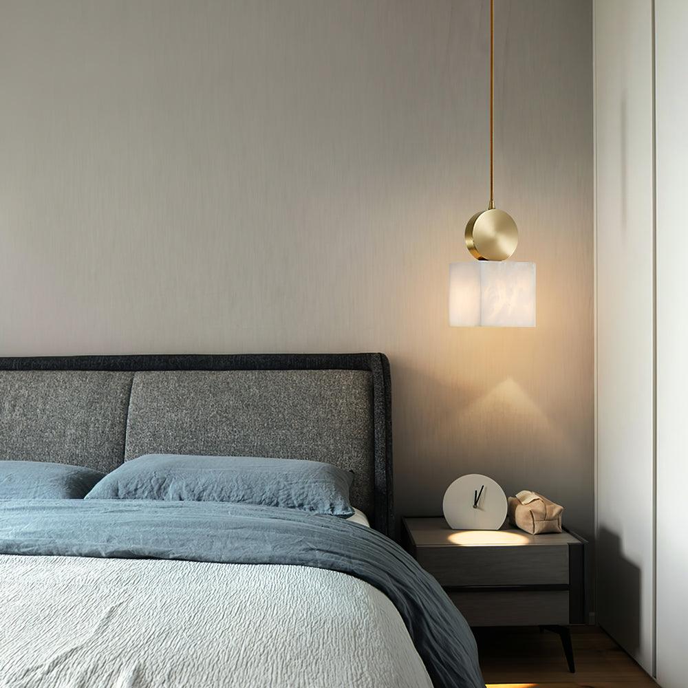 Etruscan alabaster square marble pendant light hanging bedside, elegant bedroom decor