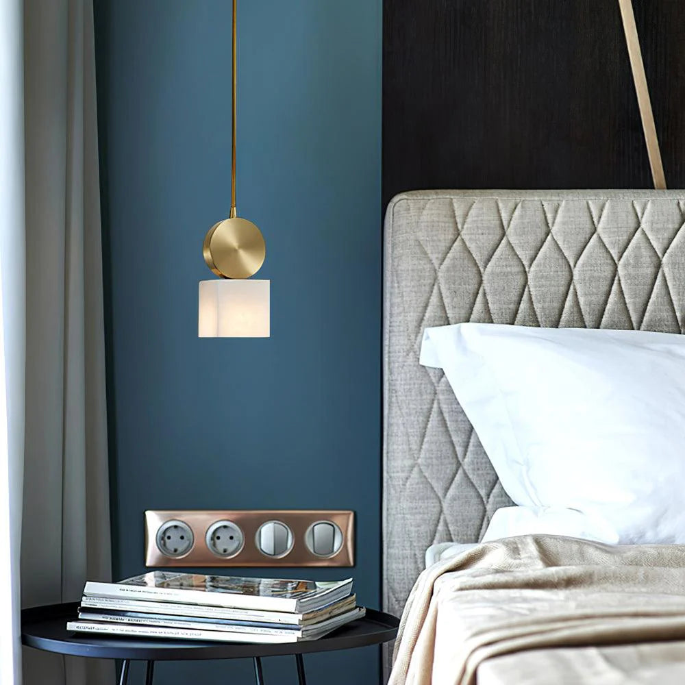 Etruscan alabaster square marble pendant light for bedside, elegant bedroom interior view