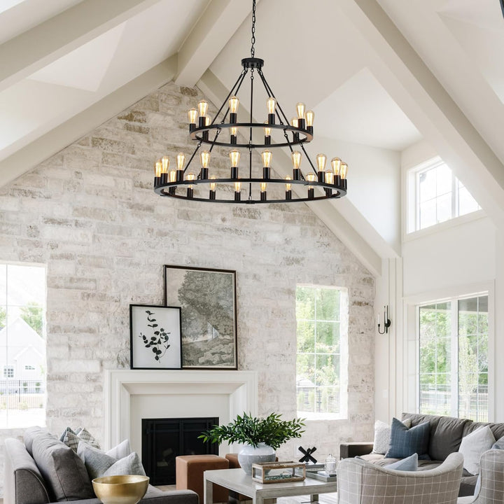 Farmhouse Wagon Wheel Chandelier with 30 lights – Rustic, elegant lighting fixture perfect for adding charm and style to large spaces.