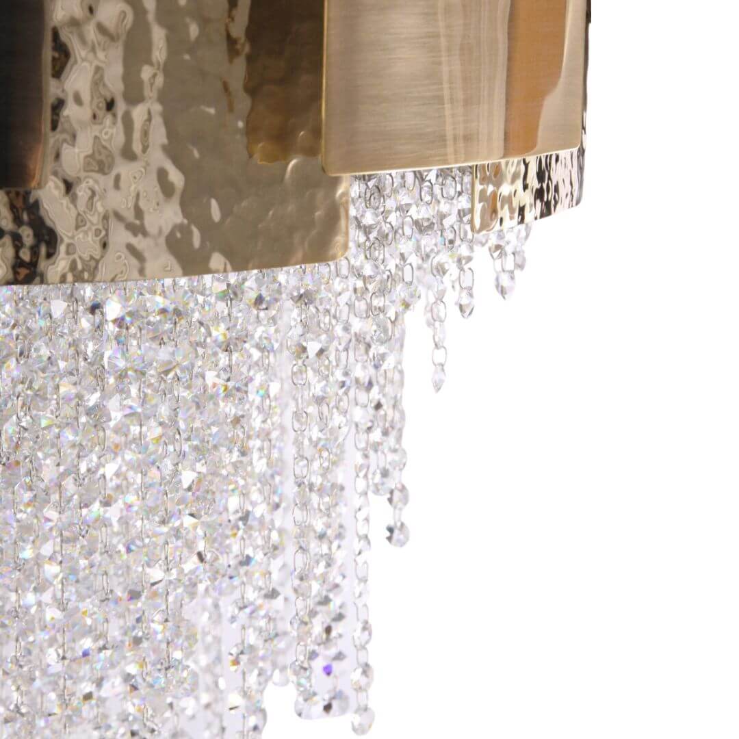 Close-Up Detail of Crystals on Fervent Oval Shape Gold Chandelier Light – Luxurious Lighting