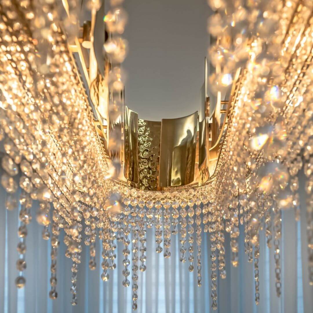 Inside View of Fervent Oval-Shaped Gold Crystal Chandelier Light – Luxurious Modern Lighting