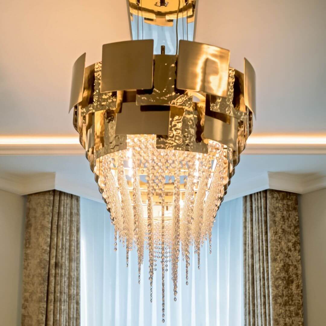 Straight View of Fervent Oval-Shaped Gold Crystal Chandelier Light – Modern Elegant Fixture
