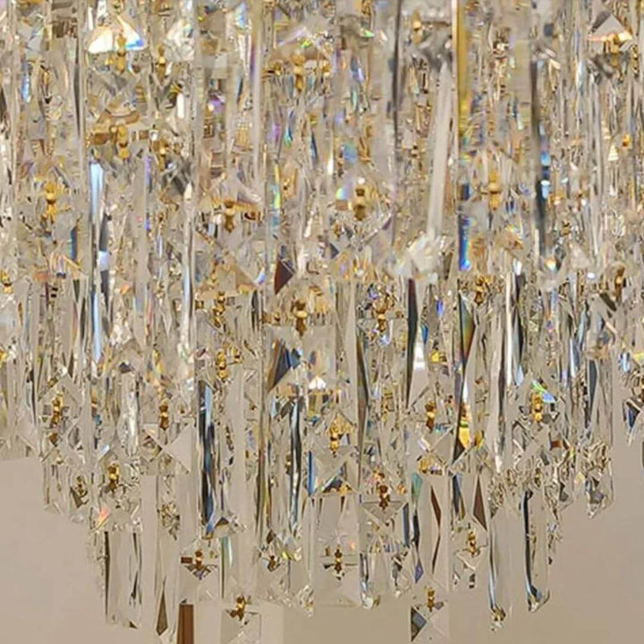 Close-up detail of Firefly chandelier light crystals showcasing brilliant sparkle and intricate design