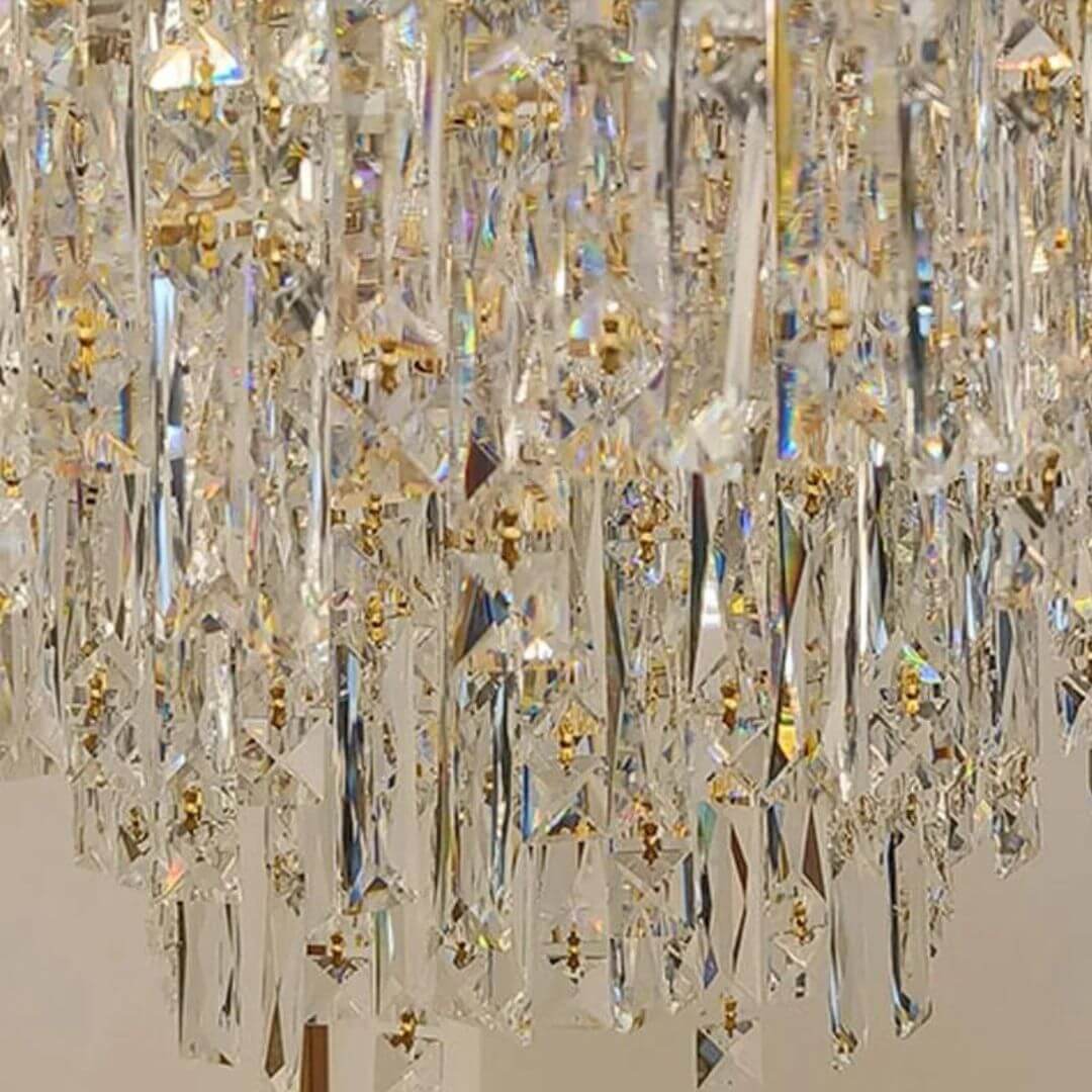 Close-up detail of Firefly chandelier light crystals showcasing brilliant sparkle and intricate design