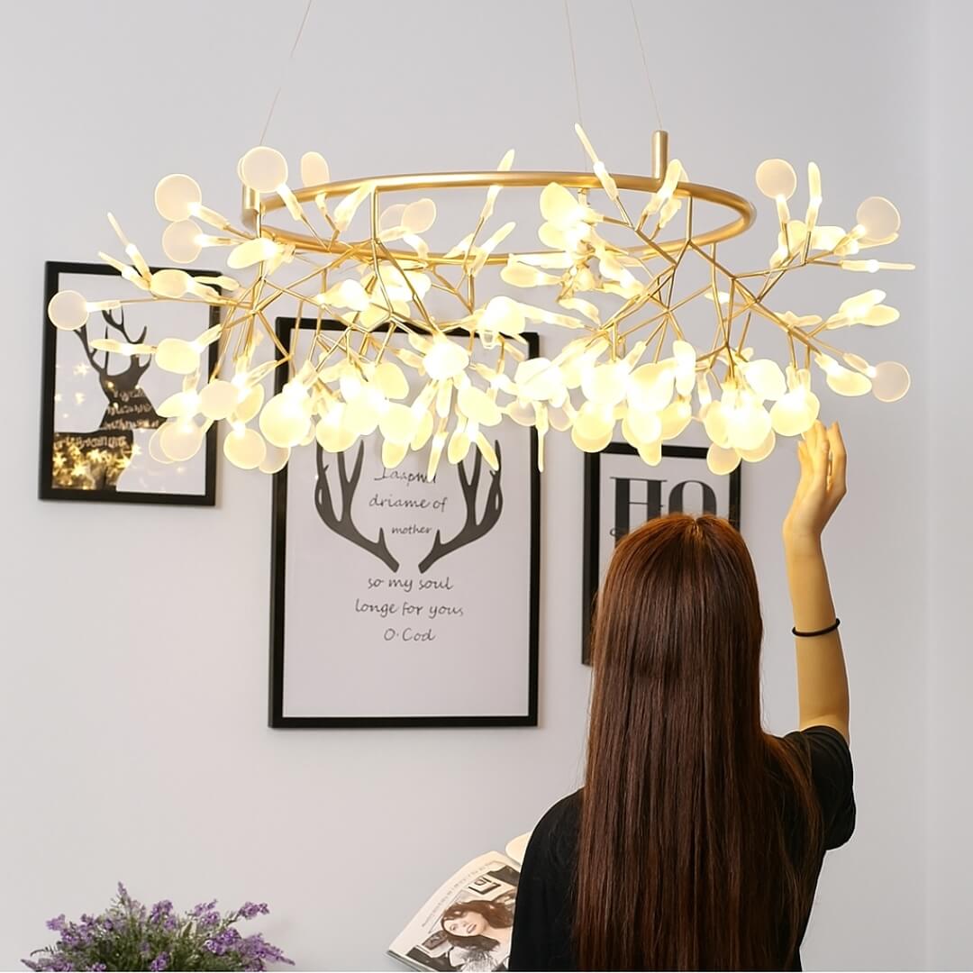 Firefly Light Chandelier – Modern Brushed Gold Metal &amp; Ceramic Design