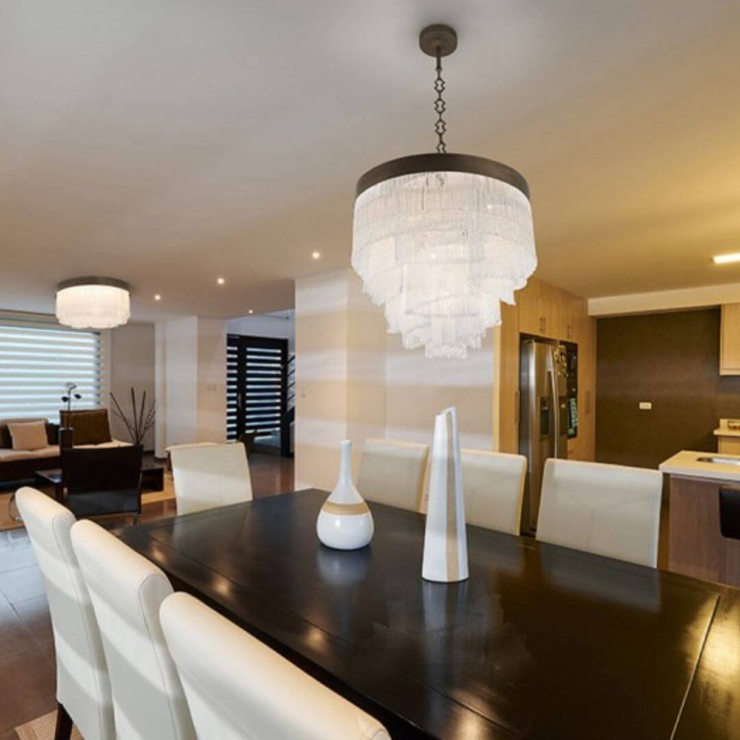 Firelight Spiral Crystal Chandelier Light in Dining Space – Luxurious Modern Interior Lighting