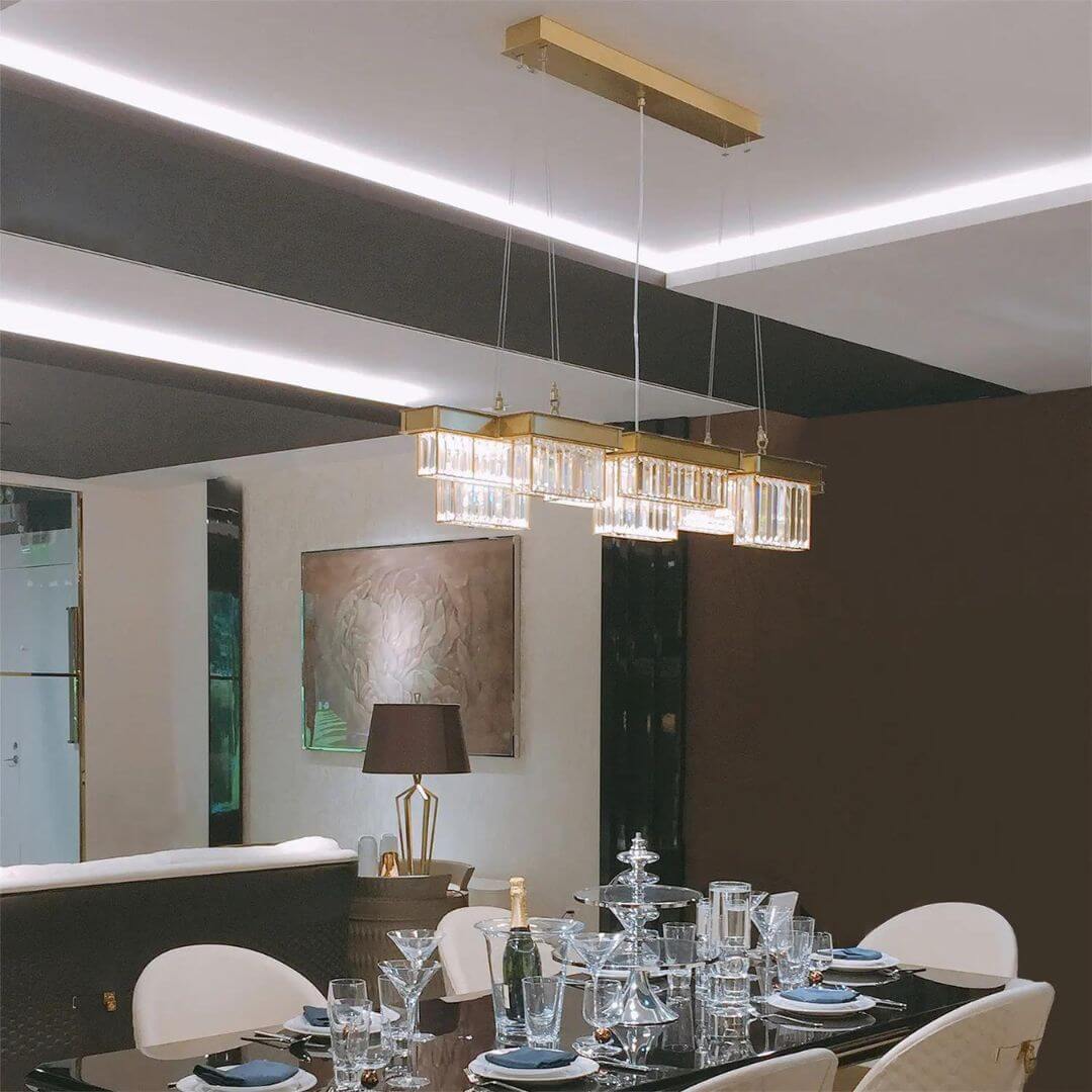 Fizzle Crystal Chandelier Light Turned On – Side View of Elegant Modern Ceiling Fixture