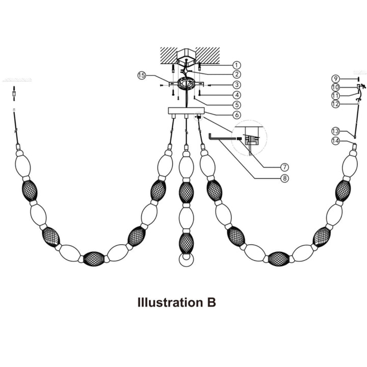 Detailed technical drawing of Florent 3-lamp adjustable LED chandelier in aged gold – schematic showing adjustable arms and dimensions.