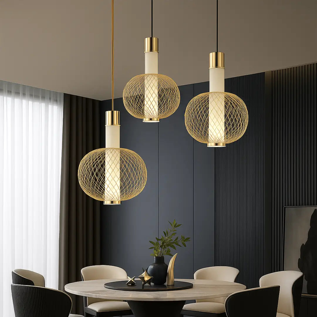 Florent gold single pendant light with LED, modern ceiling lighting for home or office decor.