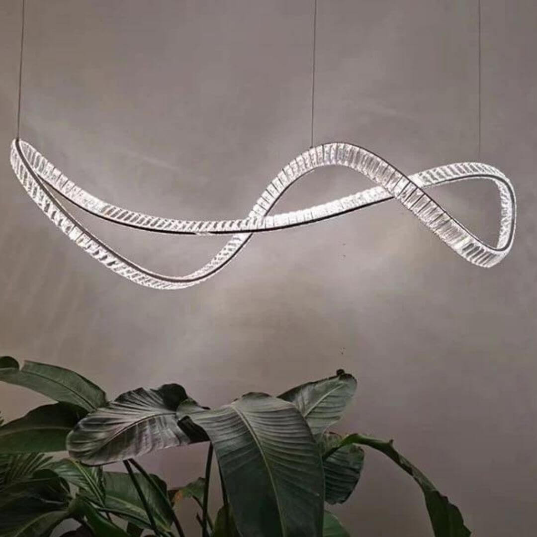 Galaxy Twisted LED Chandelier Light turned on, radiating elegant curves and soft modern lighting for stylish interiors