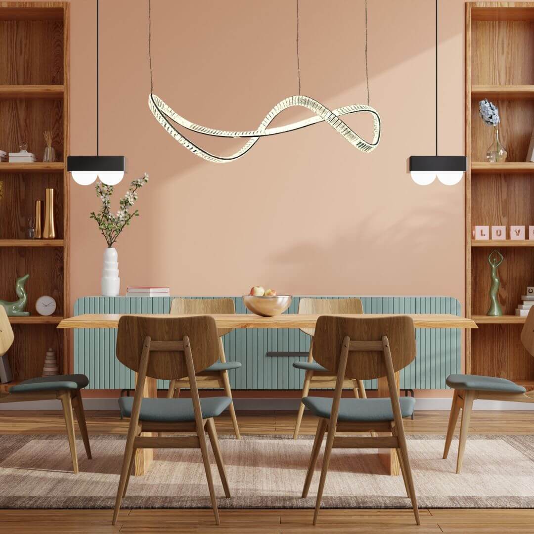 Galaxy twisted LED chandelier light hanging above dining table, adding modern elegance and ambient glow
