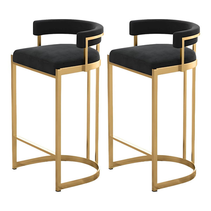 Back view of glam bucket upholstered bar stool with gold metal base – showcasing curved backrest design and elegant frame detailing.