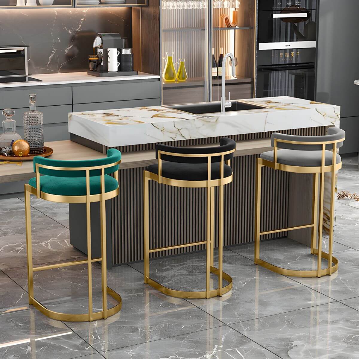 Glam Bucket Bar Stool with Customizable Upholstery with Gold Stainless Steel Base