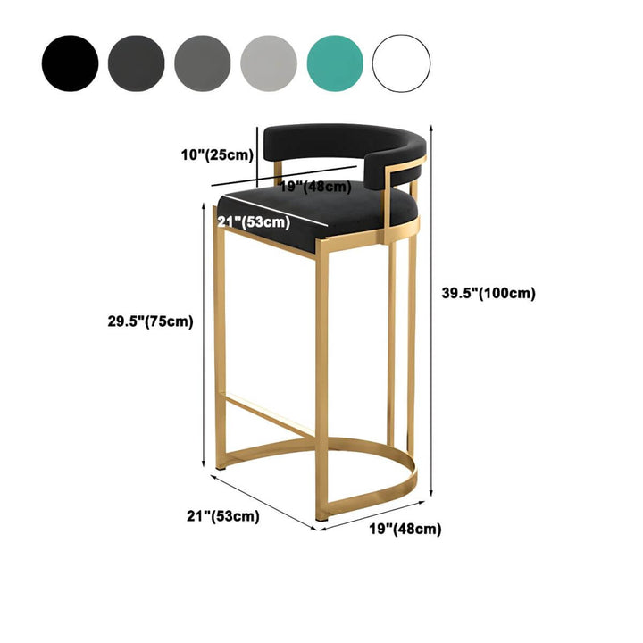 Dimension diagram of glam bucket upholstered bar stool with gold metal base – detailed measurements for height, width, and depth.