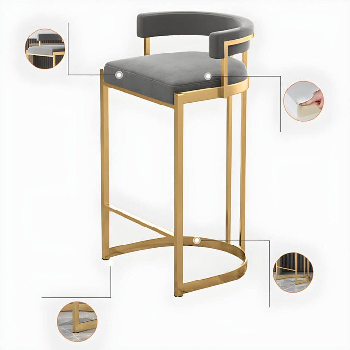 Glam bucket bar stool with upholstered seat and gold metal base – stylish modern design with curved backrest and padded comfort.