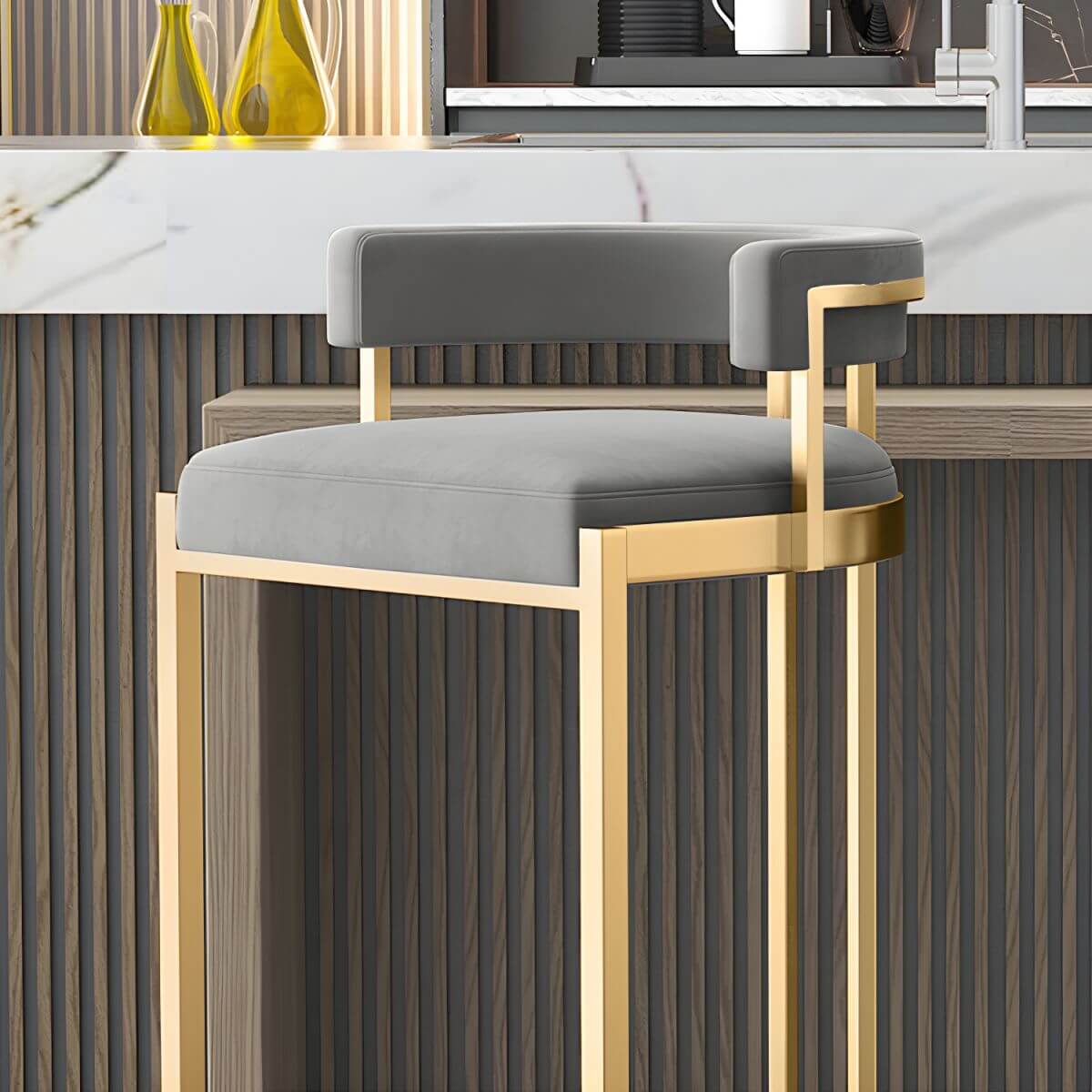 Glam Bucket Bar Stool with Customizable Upholstery with Gold Stainless Steel Base