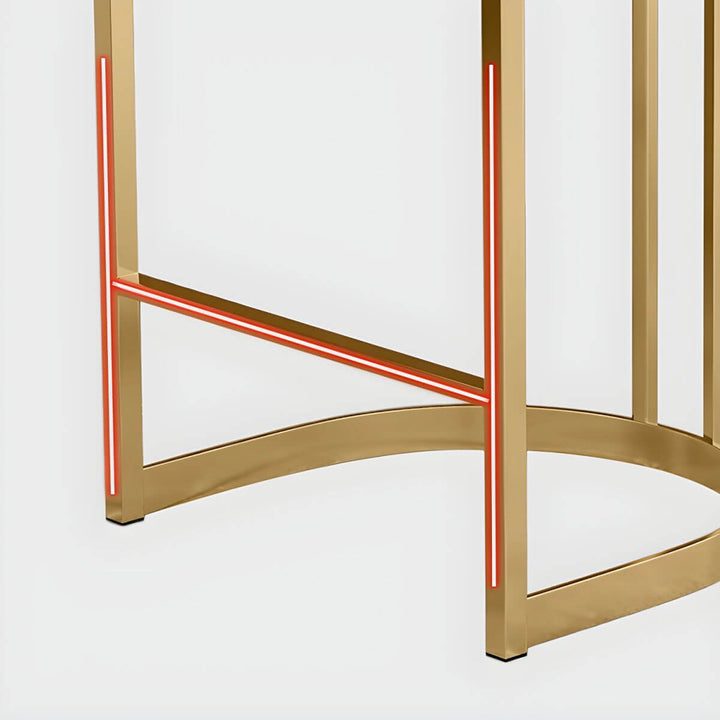 Angled view of glam bucket upholstered bar stool with gold metal base – contemporary seating with plush upholstery and stylish curved design.
