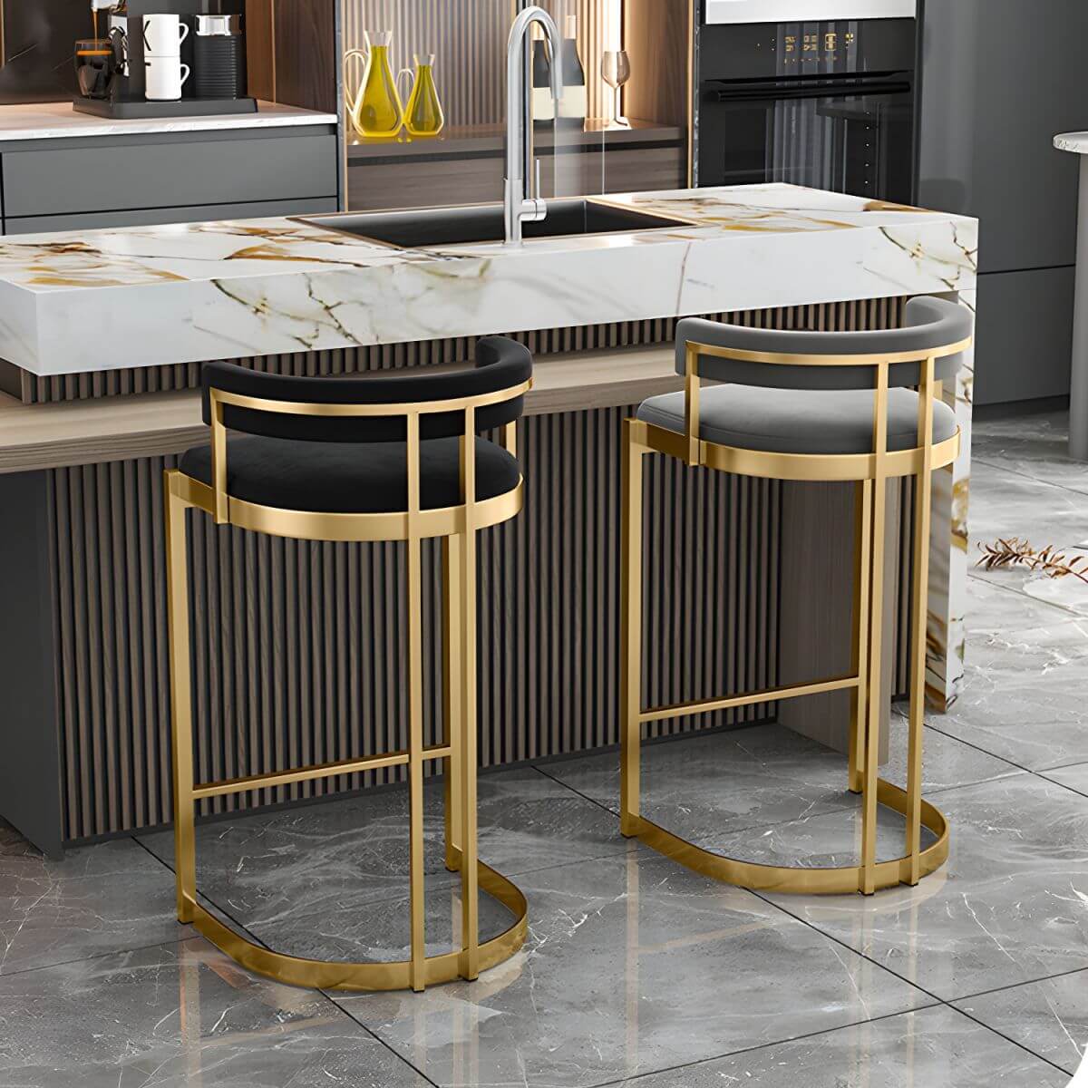 Glam Bucket Bar Stool with Customizable Upholstery with Gold Stainless Steel Base