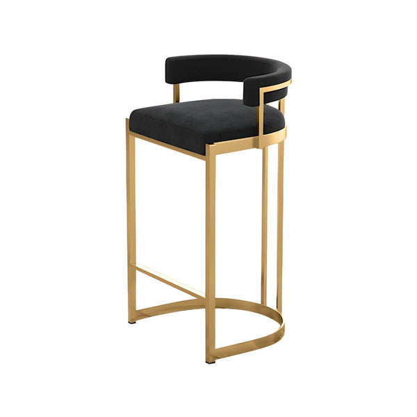 Glam bucket upholstered bar stool with gold metal base – luxurious seating featuring plush cushioning and elegant metallic finish.