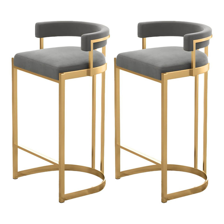 Glam bucket upholstered bar stool with gold metal base – side view highlighting plush cushioning and sleek metallic frame.