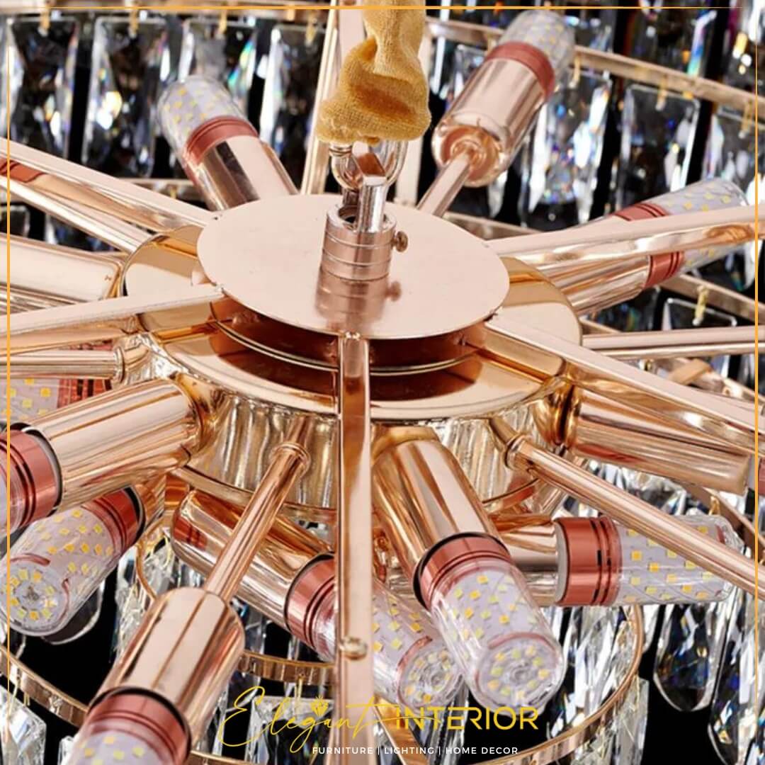 Inside Detail View of Gleaming Crystal Chandelier with Adjustable Chain – Modern Lighting Fixture