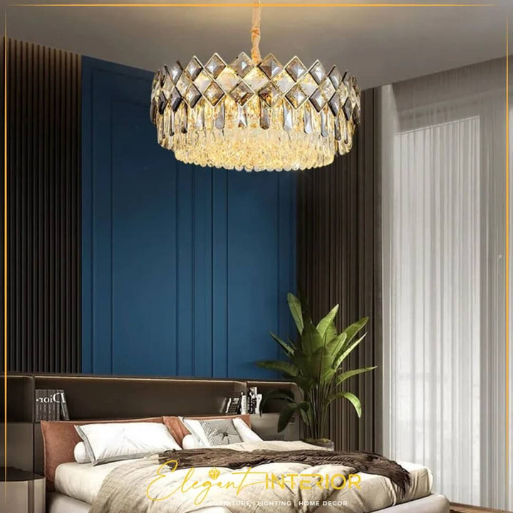 Gleaming Crystal Chandelier with Adjustable Chain in Bedroom – Elegant Modern Ceiling Lighting