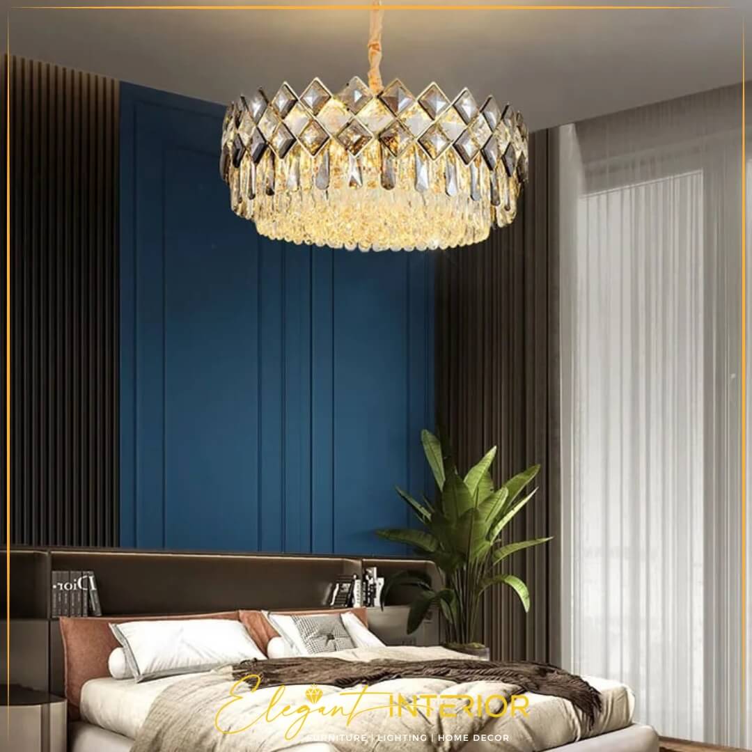 Gleaming Crystal Chandelier with Adjustable Chain in Bedroom – Elegant Modern Ceiling Lighting