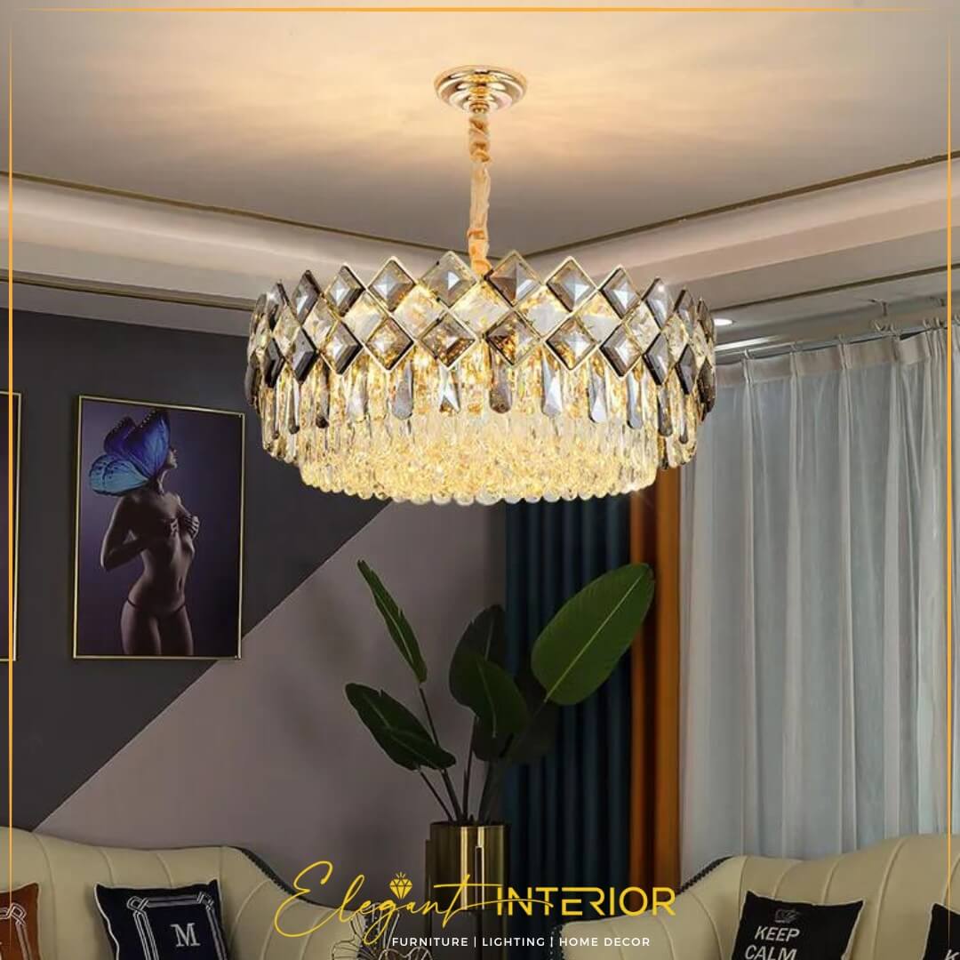 Gleaming Crystal Chandelier with Adjustable Chain in Living Room – Elegant Modern Lighting Fixture