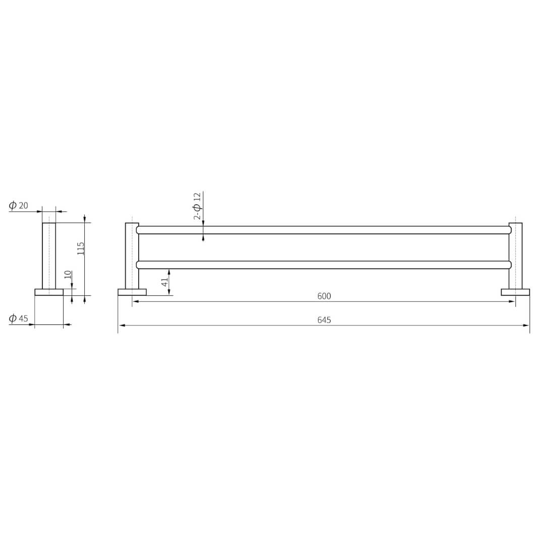 Gleamshore double towel rail dimension and installation diagram Eclipse collection