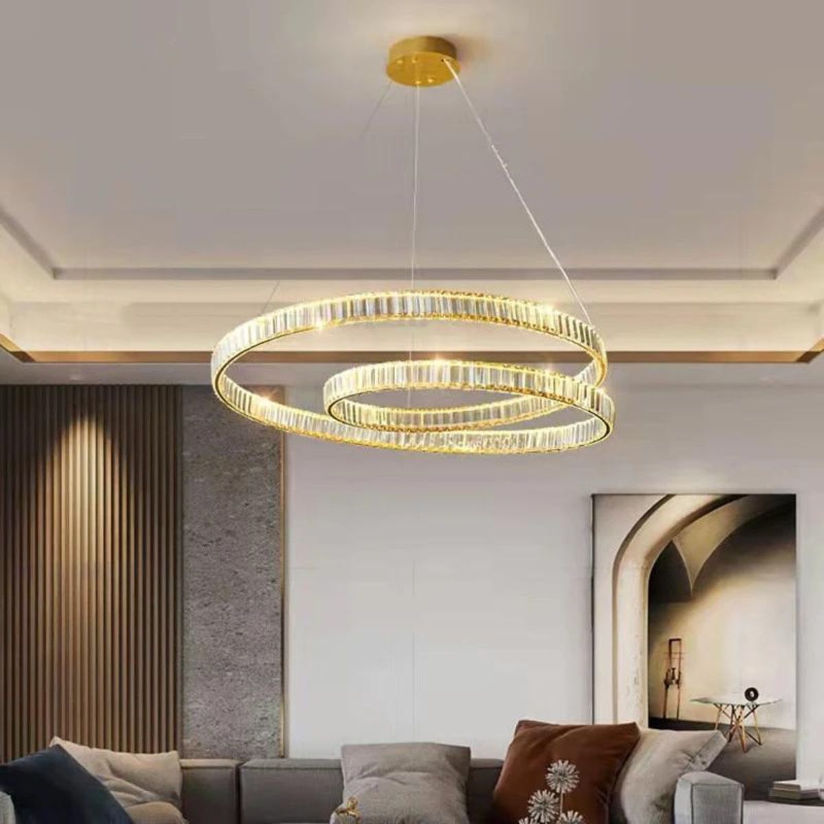 Glisten chandelier light in Australian living room, adding radiant sparkle and contemporary elegance to the space