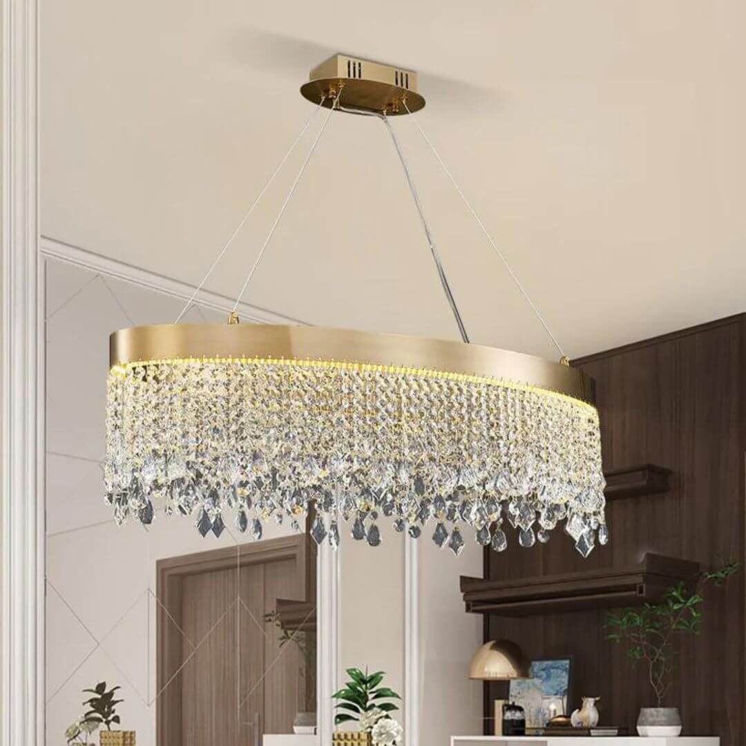 Glitter round chandelier light with sparkling crystals, adding glamorous elegance to modern interiors