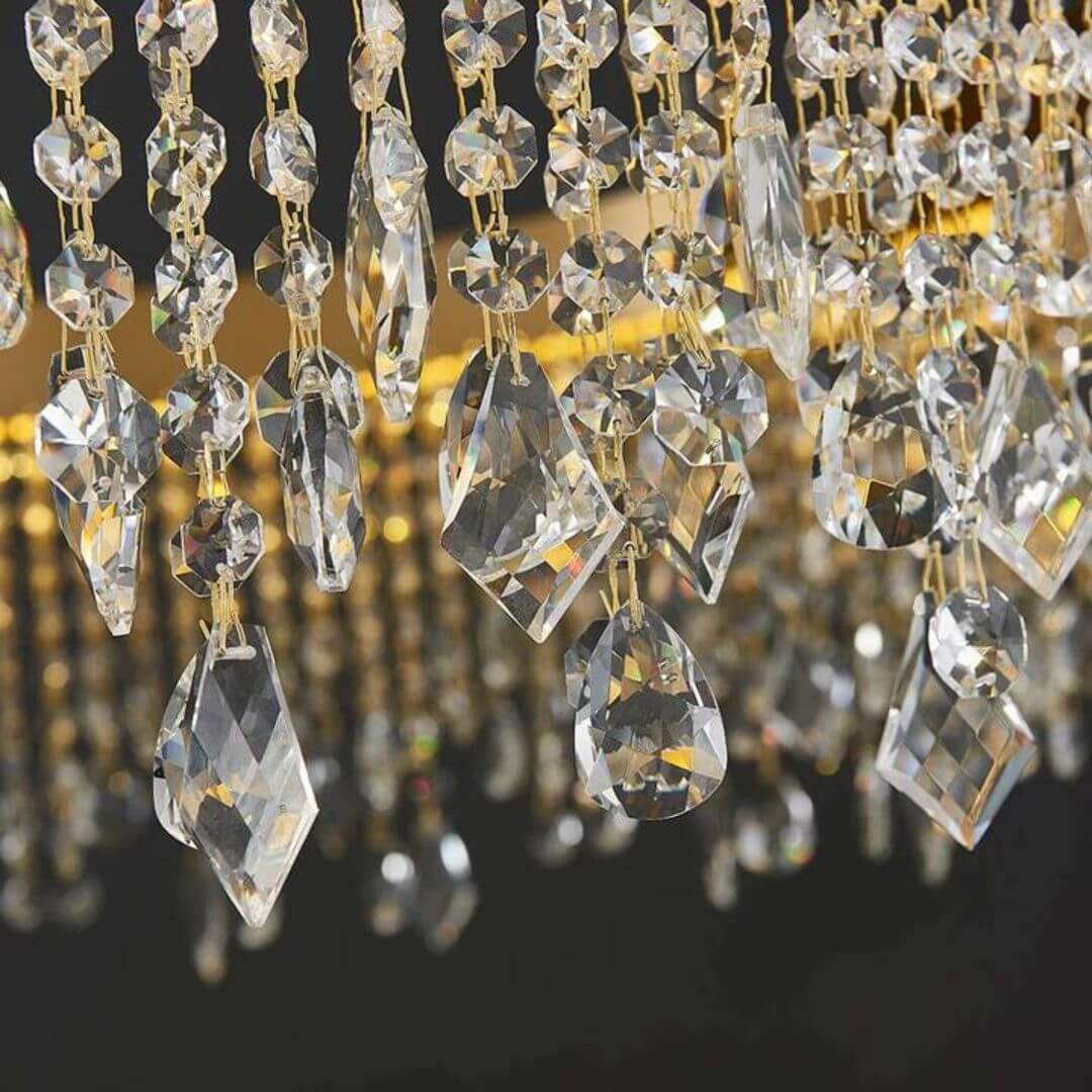 Crystal detail close-up of glitter round chandelier light showcasing dazzling sparkle and fine craftsmanship