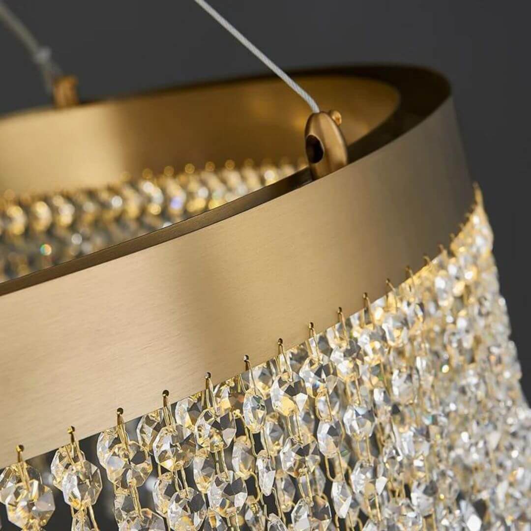 Close-up detail view of glitter round chandelier light highlighting sparkling crystals and intricate design