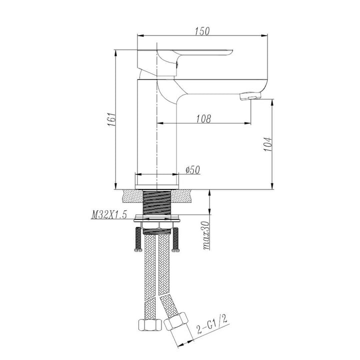 Dimension diagram of Glixen Eclipse basin mixer faucet showing detailed measurements and modern design for bathroom installation.