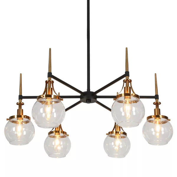 Goblet black copper chandelier 6-light with glass globes and warm ambient lighting