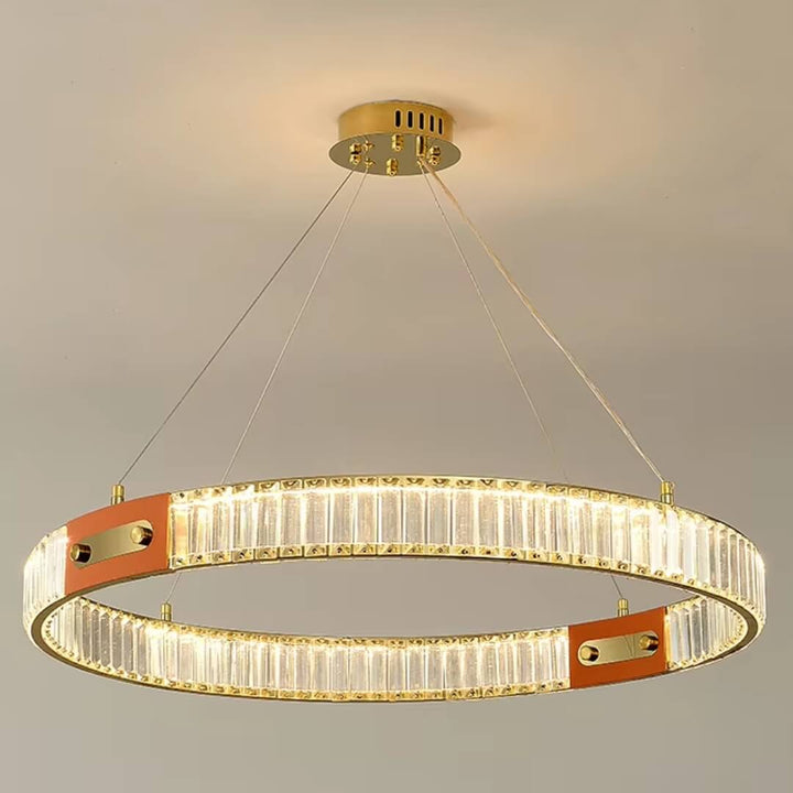 Single ring view of gold crystal chandelier from 3-ring pendant light series, showcasing sparkling crystals and elegant design