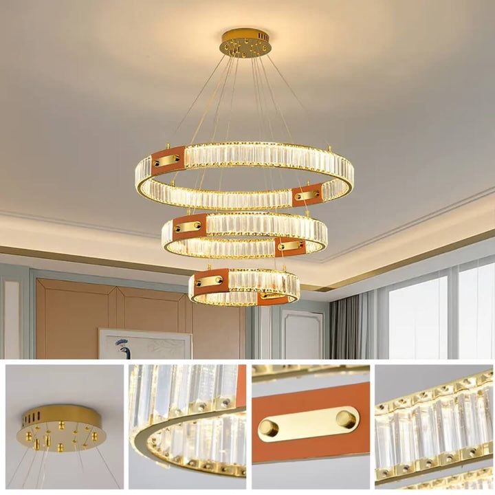 Gold crystal chandelier with 3-ring pendant design featuring sparkling crystals and elegant lighting effects