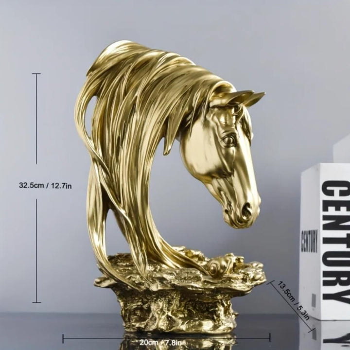 Golden horse head sculpture decor – elegant decorative piece with detailed dimensions for home or office display.