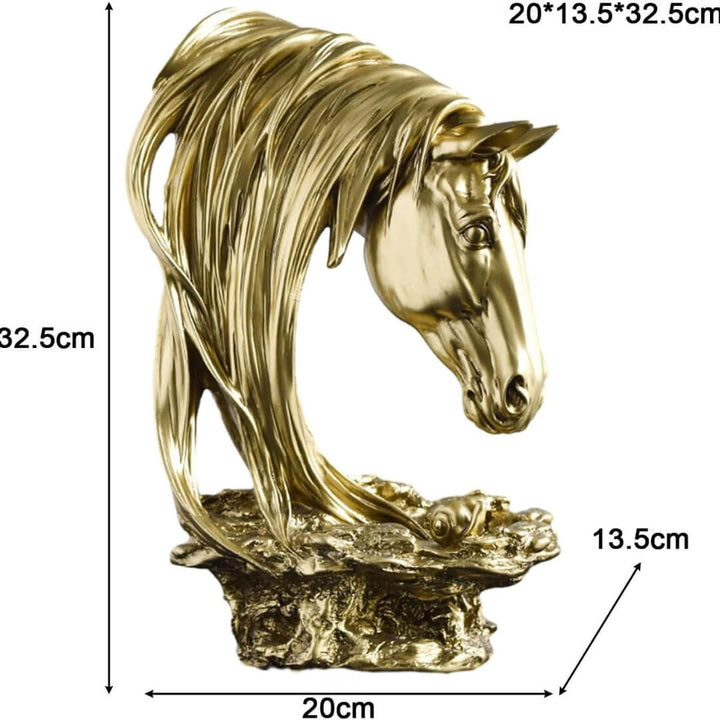 Golden horse head sculpture decor – elegant decorative piece with detailed dimensions for home or office display.