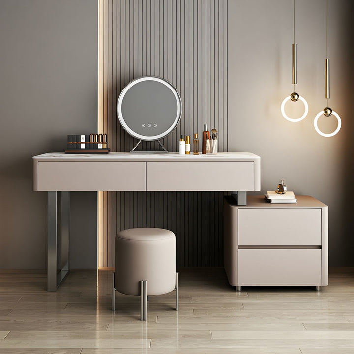 Grey Makeup Vanity Stone Top with Stool Set – Modern Design for Bedroom or Dressing Area