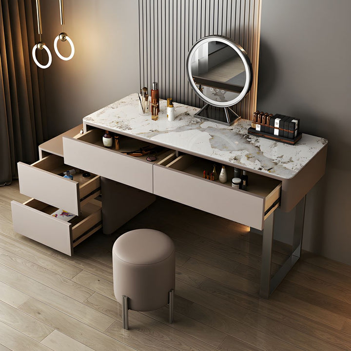 Grey Makeup Vanity Stone Top Stool Set – Modern Design Top View with Drawer Open