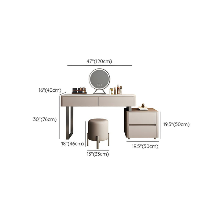 Grey Makeup Vanity with Stone Top and Stool Set – Modern Design with Dimensions