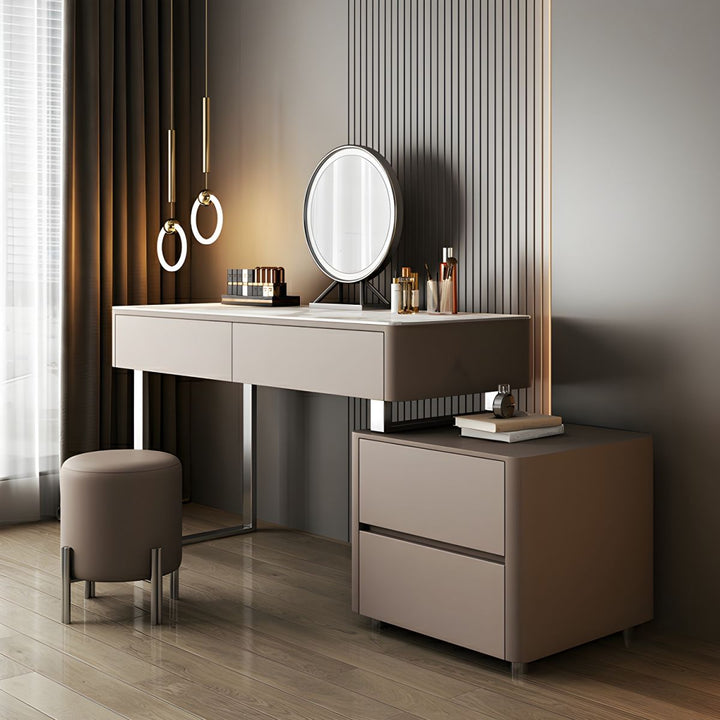 Grey Makeup Vanity Stone Top with Stool Set – Modern Design Side View