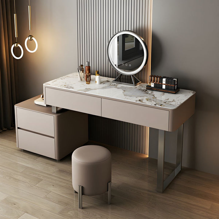 Grey Makeup Vanity with Stone Top and Stool Set – Sleek Modern Design for Bedroom