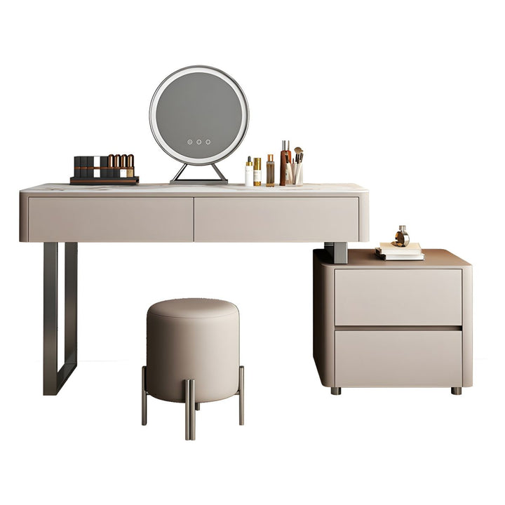 Grey Makeup Vanity with Stone Top and Stool Set – Modern Design Front View